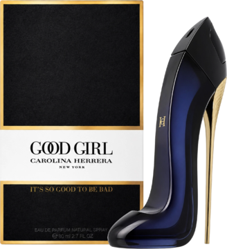 Perfumy Good Girl Carolina Herrera: granatowa butelka w kształcie szpilki ze złotym obcasem, obok czarne opakowanie.