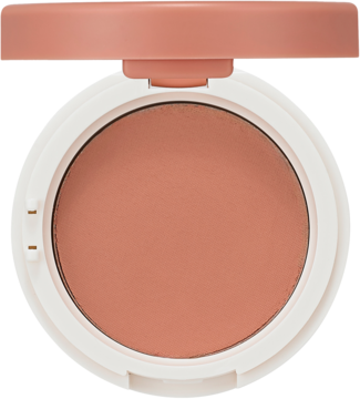 Holika Holika Jelly Dough Blusher w odcieniu Nuts Jelly, otwarty biały kompakt z beżowym różem, widok z góry.