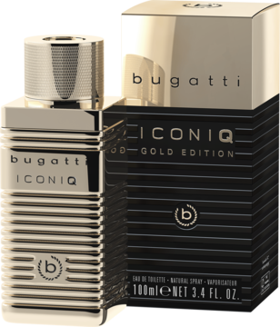 Luksusowa złota woda toaletowa Bugatti Iconiq Gold 100ml, ryflowana butelka obok czarnego opakowania.