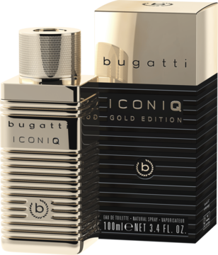 Złota butelka Bugatti ICONIQ Gold EDT z prążkowaną teksturą i czarne pudełko obok, widok pod kątem.