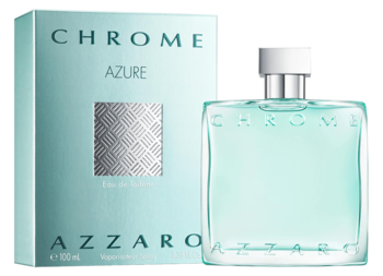 Męska woda toaletowa Azzaro Chrome Azure, jasnoniebieska butelka i pudełko z wzorem, widok z przodu.