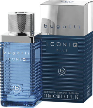 Bugatti Iconiq Blue woda toaletowa w niebieskiej butelce i pasującym pudełku, widok z przodu.