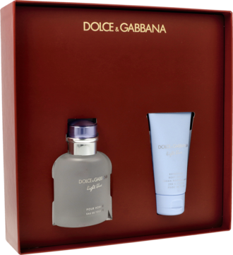 Zestaw Dolce & Gabbana Light Blue dla mężczyzn w czerwonym pudełku: matowa woda toaletowa i błękitny balsam.