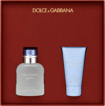 Zestaw Dolce & Gabbana Light Blue dla mężczyzn w czerwonym pudełku: woda toaletowa i jasnoniebieski balsam.