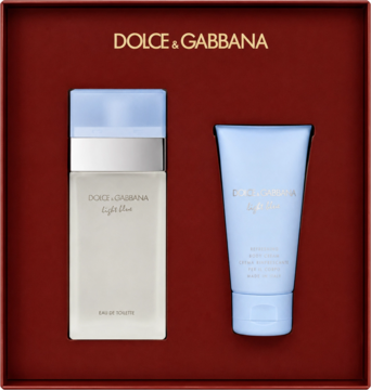 Zestaw Dolce & Gabbana Light Blue: świeża woda toaletowa 50ml i balsam 50ml, w czerwonym pudełku z logo, widok z góry.