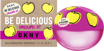 DKNY Be Delicious Orchard Street EDP: różowy flakon w kształcie jabłka i brązowe pudełko z żółtymi jabłkami.