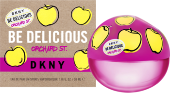 DKNY Be delicious Orchard Street damska woda perfumowana. Różowy flakon i pudełko z motywem jabłek, czarne tło.