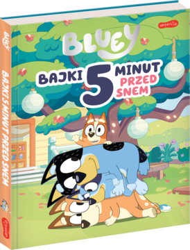 Książka Bluey Bajki 5 Minut Przed Snem: kolorowa okładka z Bluey, Bingo i ich ojcem, widok z przodu.