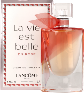 La Vie est Belle en Rose Lancôme, kwiatowo-owocowa woda toaletowa 50ml, flakon z różowym płynem i kokardą, z pudełkiem.