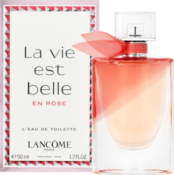 Lancôme La Vie est Belle en Rose, kwiatowo-owocowe EDT w różowej butelce z kokardą, obok pudełka.