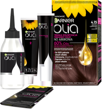 Garnier Olia 4.15 mroźna czekolada, farba bez amoniaku, widok kompletnego zestawu z butelkami i tubkami.