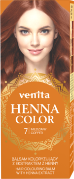Opakowanie Venita Henna Color miedziany balsam do włosów z ekstraktem, z wizerunkiem kobiety, widok z przodu.