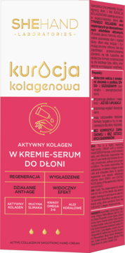 SHEHAND LABORATORIES kolagenowe krem-serum do dłoni, biało-różowe opakowanie, widok z przodu.