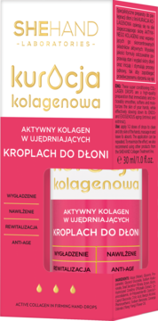 Różowe opakowanie SHEHAND Kuracja Kolagenowa Krople do Dłoni z aktywnym kolagenem, złotymi napisami, widok z przodu.