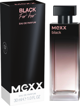 MEXX Black For Her Eau de Parfum, czarna butelka ombre i pudełko 30 ml, widok z przodu.