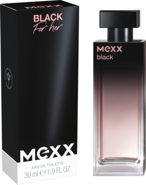 Mexx Black woda toaletowa dla kobiet. Czarny kartonik i szklana butelka z czarno-różowym gradientem, z przodu.