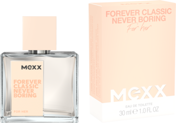 MEXX Forever Classic Never Boring woda toaletowa w prostokątnym flakonie i pudełku, pastelowy róż, widok z przodu.