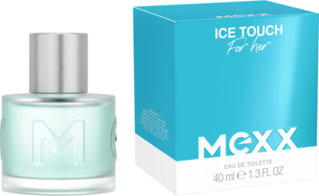 MEXX Ice Touch woda toaletowa: oszroniony flakon "M" i turkusowe pudełko "For her", widok z przodu.