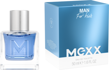 Męska woda toaletowa MEXX Man 50ml. Szklana butelka z niebieskim płynem i logo M oraz błękitne pudełko.