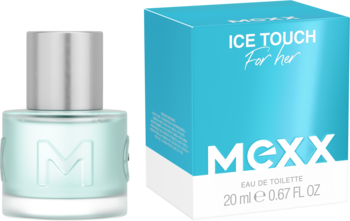 Damski zapach MEXX Ice Touch For Her EDT 20ml, butelka z efektem szronu obok błękitnego pudełka.