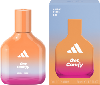 Adidas Vibes Get Comfy EDP, pomarańczowo-różowa butelka i kartonik z logo, widok z przodu.