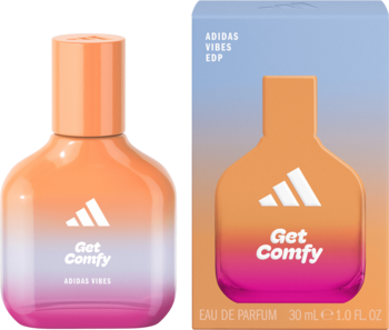 Adidas Vibes Get Comfy EDP, flakon z pomarańczowo-różowym gradientem i dopasowane opakowanie, widok z przodu.