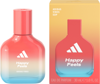 Adidas Vibes Happy Feels EDP 30ml: butelka z koralowo-błękitnym gradientem obok pudełka, białe logo Adidas.