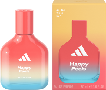 Adidas Vibes Happy Feels, woda perfumowana. Obok flakonu z różowo-błękitnym gradientem stoi pasujące pudełko.