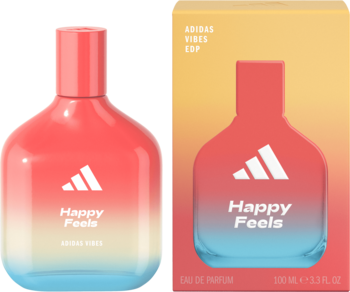 Adidas Vibes Happy Feels EDP, butelka gradientowa r<5;:<3;owo-niebieska i kartonik 100ml, widok z przodu.