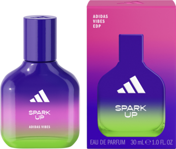 Fioletowo-zielona butelka wody perfumowanej Adidas Vibes Spark Up z logo i pasujące pudełko, widok z przodu.