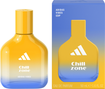 Męska woda adidas Chill Zone EDP: żółto-niebieski flakon i pudełko z logo, widok przodu.