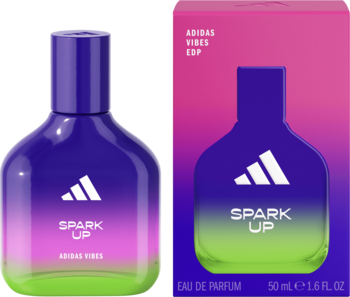Adidas Vibes Spark Up woda perfumowana, fioletowo-zielony flakon z logo i kartonik obok, energetyzujący zapach.