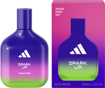 Damska woda perfumowana Adidas Vibes Spark Up w fioletowo-zielonej butelce i dopasowanym kartoniku, widok z przodu.