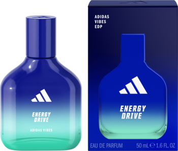 Adidas Vibes Energy Drive EDP: butelka z ombre niebiesko-zielonym i pasujące opakowanie, widok przód.