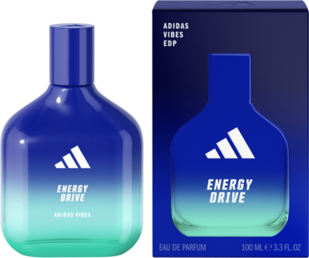 Męska woda perfumowana Adidas Vibes Energy Drive 100ml, butelka z gradientem niebiesko-zielonym i granatowe pudełko obok.