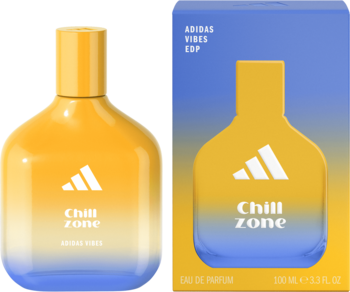 Męskie perfumy Adidas Chill Zone EDP w żółto-niebieskim flakonie obok pudełka. Widok z przodu.