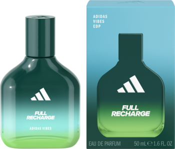 Męska woda perfumowana Adidas Vibes Full Recharge w butelce z zielonym gradientem i pudełku, widok z przodu.