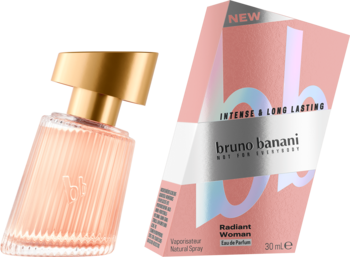 Bruno Banani Radiant Woman woda perfumowana: pochylony flakon z ryflowanego szkła i pudełko 30ml.