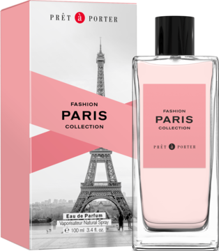 Woda perfumowana Prêt à Porter PARIS w prostokątnej butelce z różową etykietą, przed pudełkiem z Wieżą Eiffla.