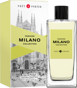 Woda perfumowana Prêt à Porter MILANO, flakon z żółtą etykietą i pudełko z katedrą Mediolanu.