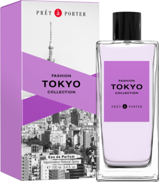 Prêt à Porter TOKYO Fashion Collection EDP, butelka z liliową etykietą i pudełko z panoramą Tokio, widok z przodu.
