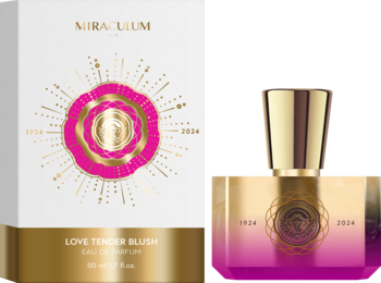 Miraculum Love Tender Blush EDP: białe pudełko z różowo-złotym wzorem i butelka z gradientem, złota nakrętka.