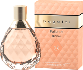 Bugatti Felicità Apricot woda perfumowana dla kobiet. Fasetowana butelka i pudełko w odcieniu brzoskwini, widok z przodu.