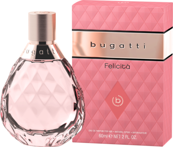 Bugatti Felicita w różowej, fasetowanej butelce z rose gold korkiem i pudełkiem w romby, widok z przodu.