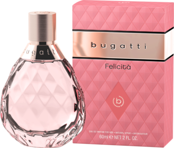 Bugatti Felicità woda perfumowana: fasetowana butelka z różowym korkiem, obok różowe pudełko w pikowany wzór.