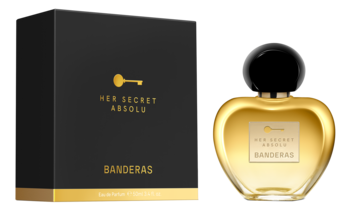 Antonio Banderas Her Secret Absolu woda perfumowana: złoty flakon w kształcie serca i czarne pudełko z logo klucza.