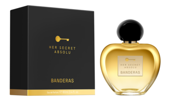 Antonio Banderas Her Secret Absolu EDP: złoty, sercowaty flakon i eleganckie czarne pudełko ze złotymi napisami.