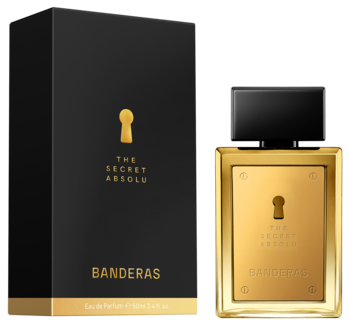 Antonio Banderas The Secret Absolu, złota butelka perfum z czarną nakrętką, obok czarne pudełko z dziurką od klucza.