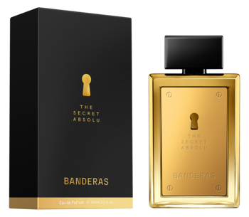 Antonio Banderas The Secret Absolu, złota butelka perfum i czarne pudełko z motywem dziurki od klucza, widok z przodu.