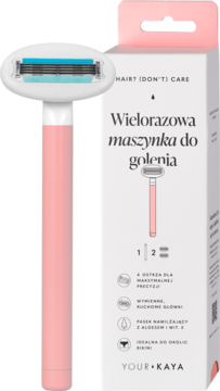 Różowa, wielorazowa maszynka do golenia Your Kaya, z białą ruchomą główką, 4 ostrzami i nawilżającym paskiem. Obok pudełko.